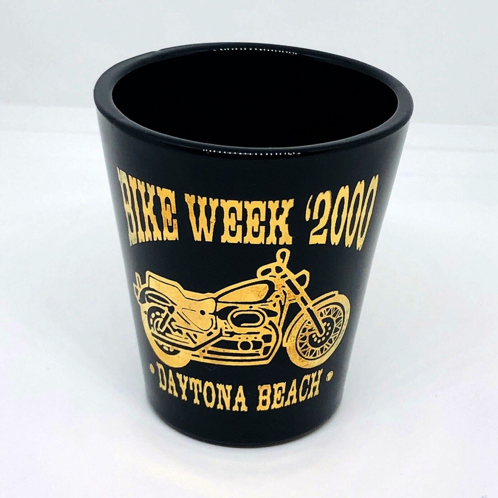 Daytona Beach Bike Week 2000 Shot Glass 2.25" Black Gold Motorcycle Collectible